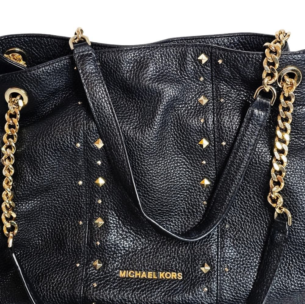 Michael Kors Jet Set Studded Leather Black Handbag Shoulder Tote Travel Bag Chic - Picture 7 of 16